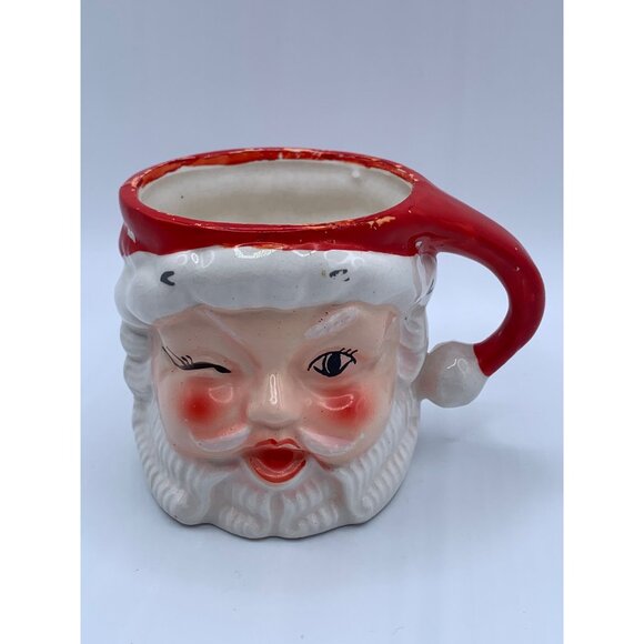 Vintage Santa Claus Ceramic Mug Winking Face Christmas Holiday Decor Cup 3" 50's - Picture 2 of 10